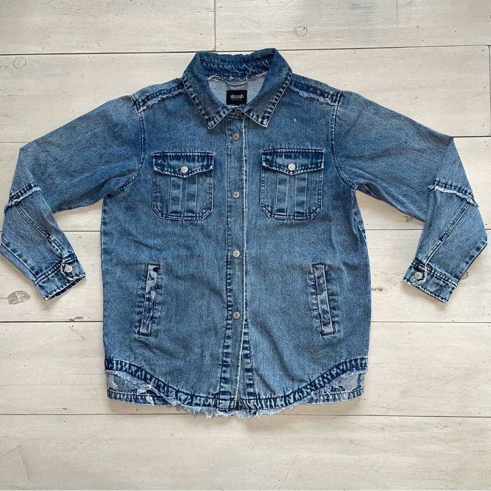 Stoosh Denim Chore Jacket Fringe Utility Barn Hip Lgth Snap Front Light Wash S
